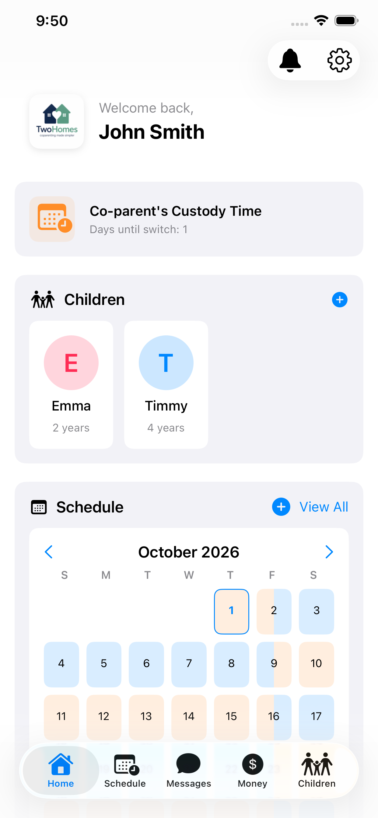 The app home screen. A welcome message for John Smith, a card reading “Co-parent’s Custody Time — days until switch: 1”, cards for two children named Emma and Timmy with their ages, and an October 2026 calendar whose days are shaded in two colors. A five-item tab bar reads Home, Schedule, Messages, Money and Children.
