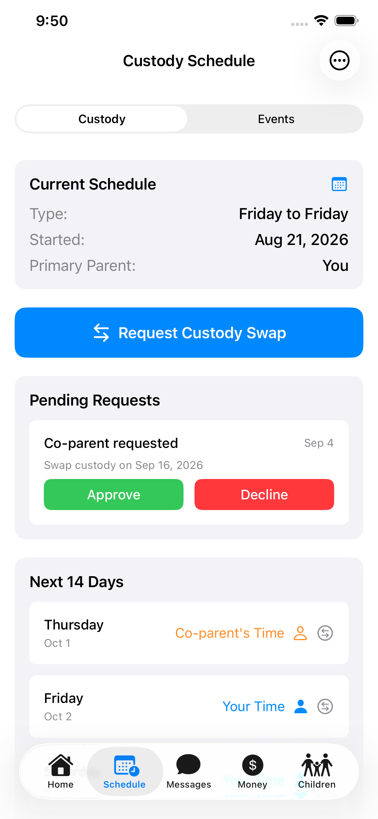The Custody Schedule screen. A Current Schedule card shows type “Friday to Friday”, start date 21 August 2026 and primary parent “You”. Below it a Request Custody Swap button, a pending request from the co-parent to swap custody on 16 September 2026 with Approve and Decline buttons, and a Next 14 Days list labeling each date as the co-parent’s time or your time.