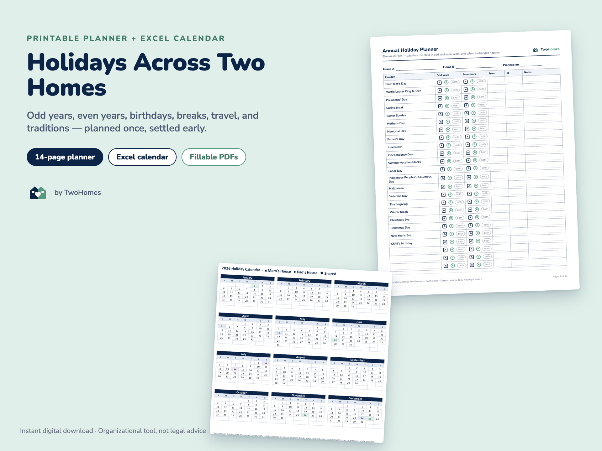 Holidays Across Two Homes planner cover with the annual holiday schedule