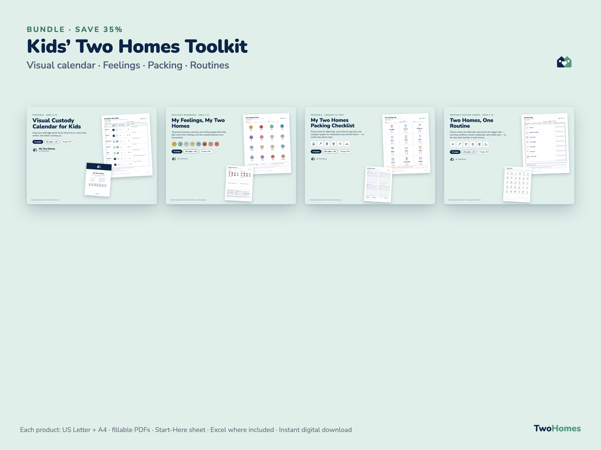 Kids’ Two Homes Toolkit showing all four children’s products