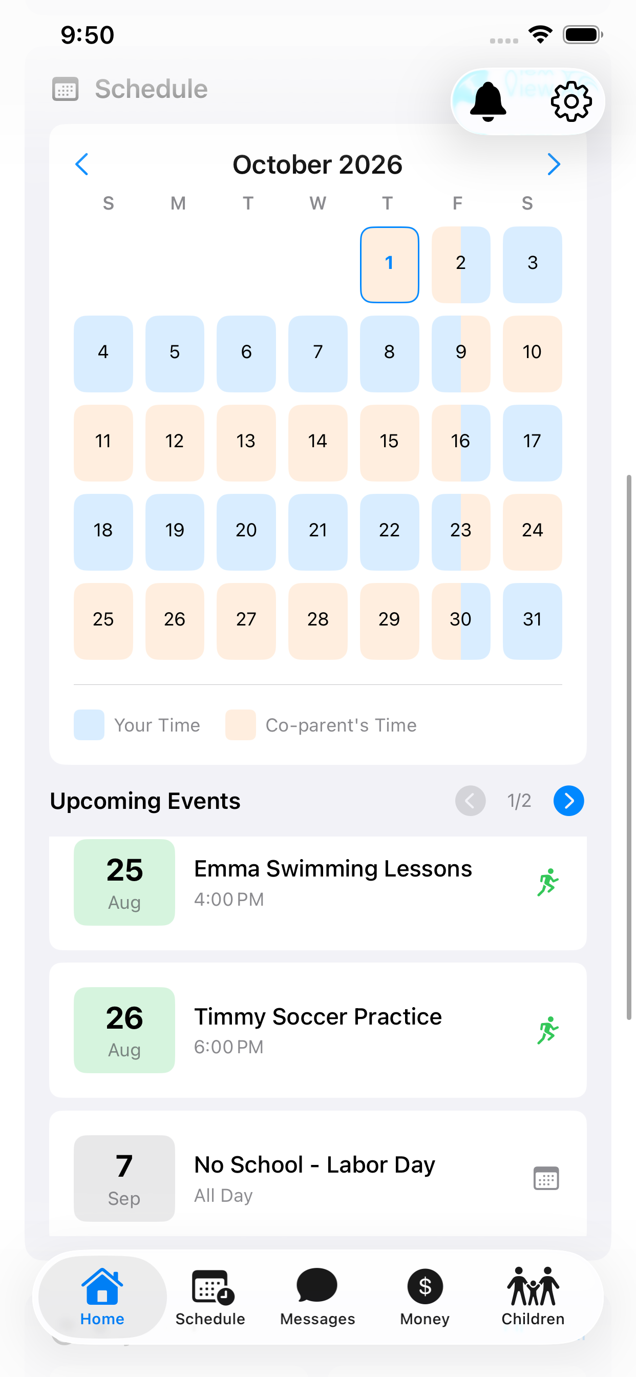 A month view of October 2026 with days shaded in two colors and a legend reading “Your Time” and “Co-parent’s Time”. Below, an Upcoming Events list shows Emma Swimming Lessons on 25 August at 4:00 PM, Timmy Soccer Practice on 26 August at 6:00 PM, and an all-day “No School — Labor Day” on 7 September.