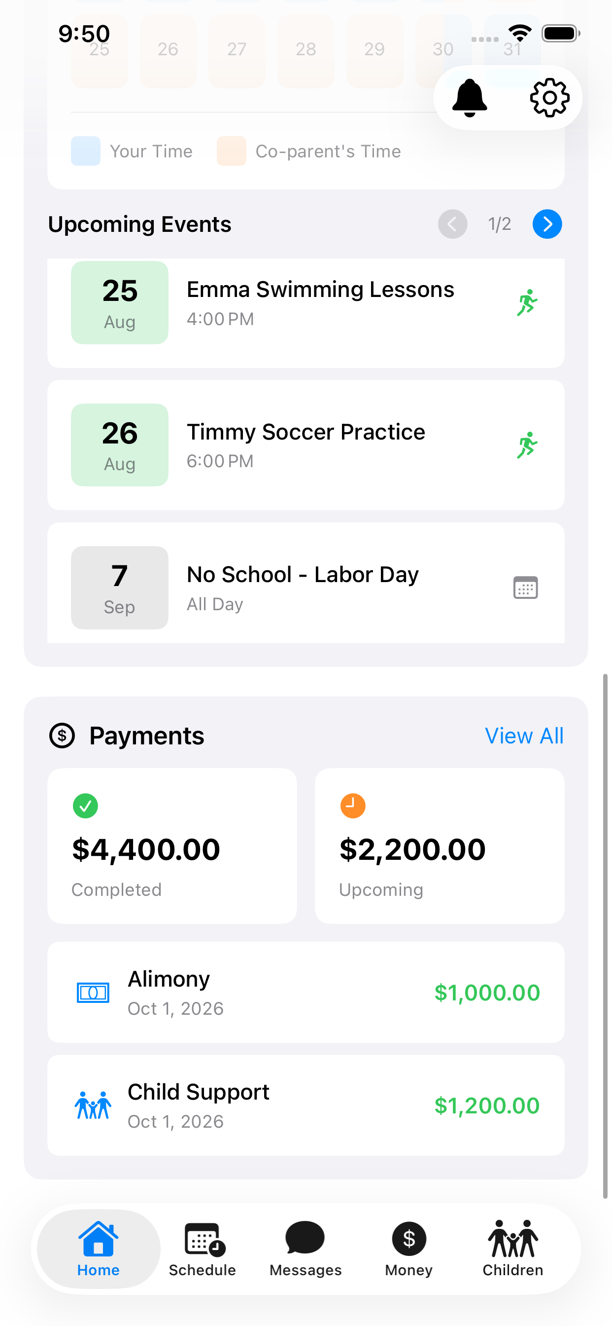 A Payments summary card showing $4,400.00 completed and $2,200.00 upcoming, followed by individual entries for Alimony of $1,000.00 and Child Support of $1,200.00, both dated 1 October 2026.