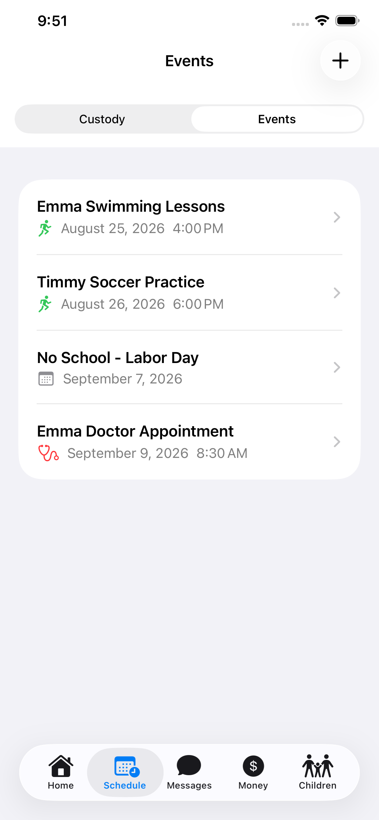 An Events list showing Emma Swimming Lessons on 25 August 2026 at 4:00 PM, Timmy Soccer Practice on 26 August at 6:00 PM, No School — Labor Day on 7 September, and Emma Doctor Appointment on 9 September at 8:30 AM, each with a small category icon.