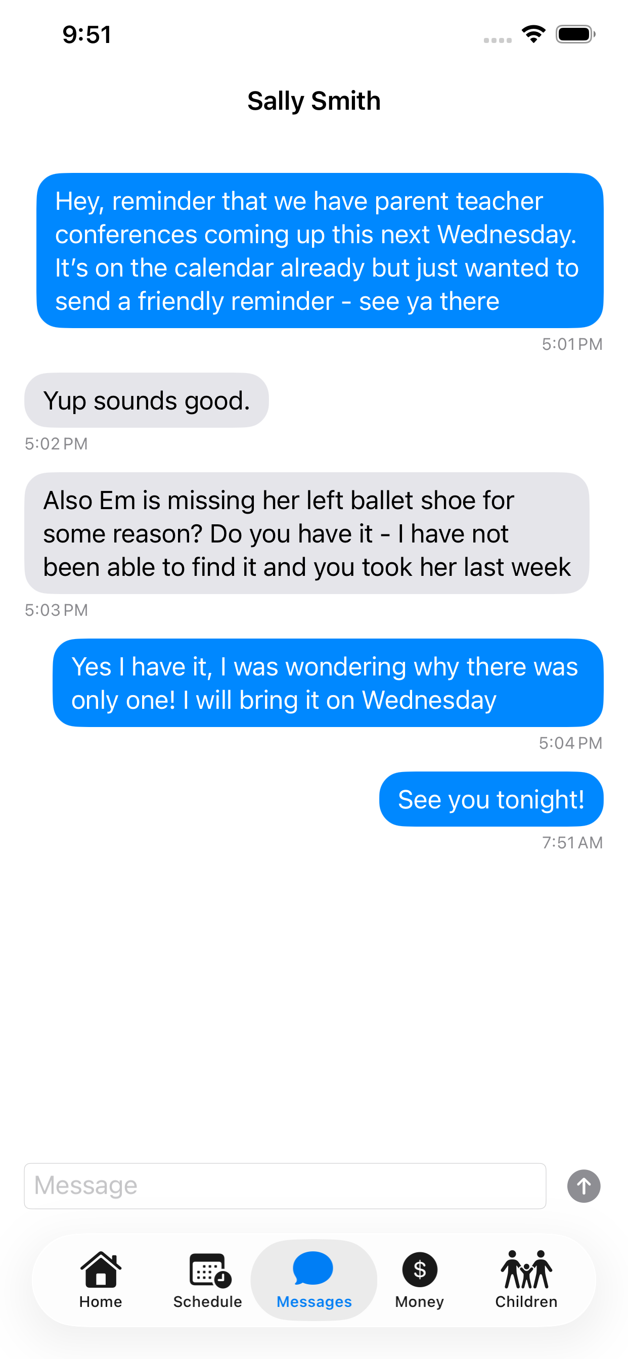 A message thread with Sally Smith. Messages discuss an upcoming parent-teacher conference already on the calendar, and a missing ballet shoe that the other parent confirms they have and will bring. Each message is timestamped, and a message input box sits at the bottom.