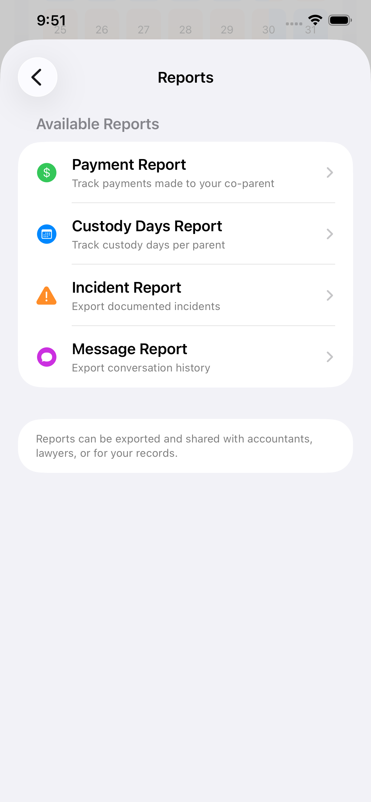 A Reports screen listing four available reports: Payment Report to track payments made to your co-parent, Custody Days Report to track custody days per parent, Incident Report to export documented incidents, and Message Report to export conversation history. A note explains reports can be exported and shared with accountants, lawyers, or kept for your records.