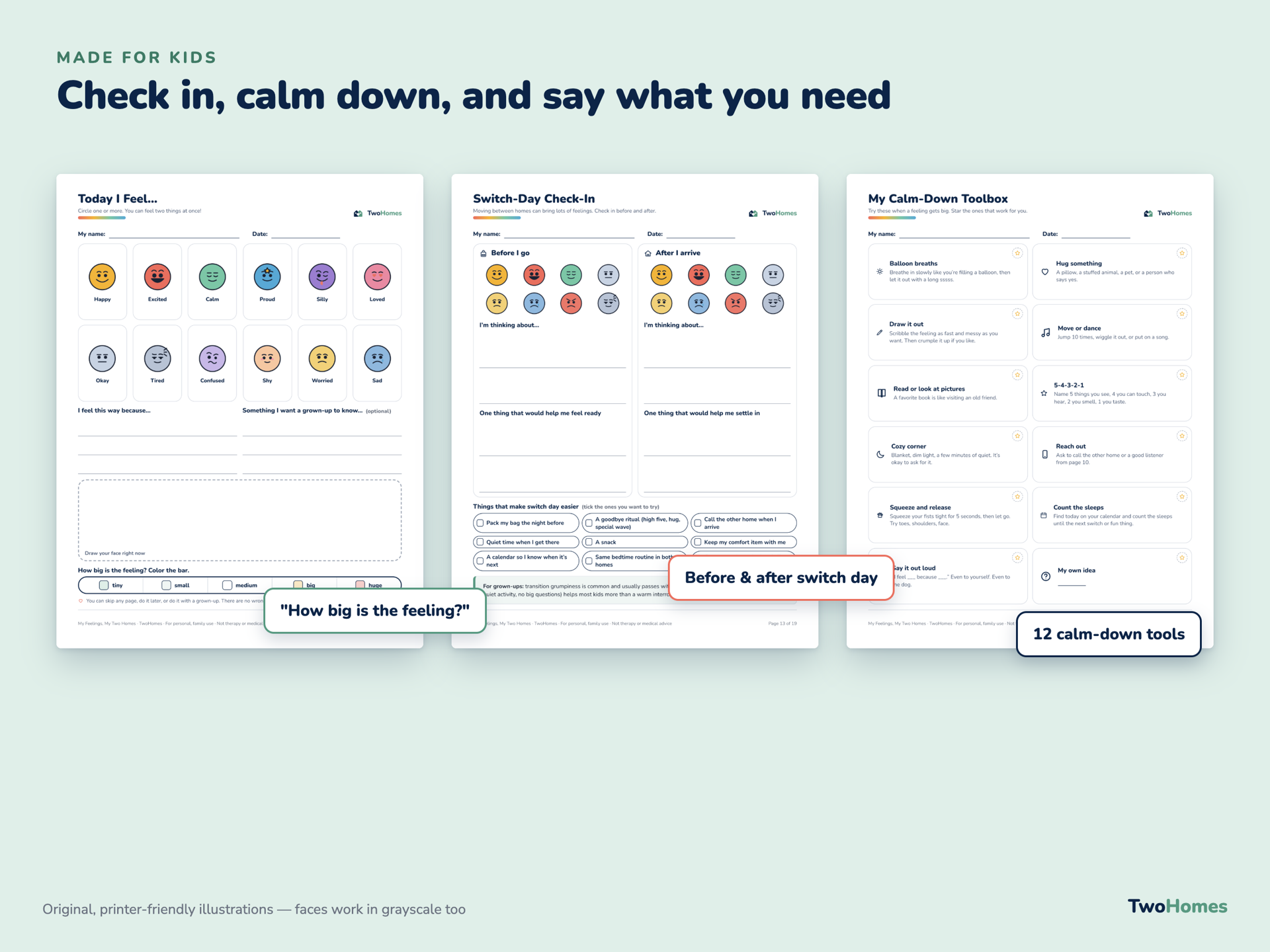 Today I Feel check-in, switch-day check-in and calm-down toolbox pages