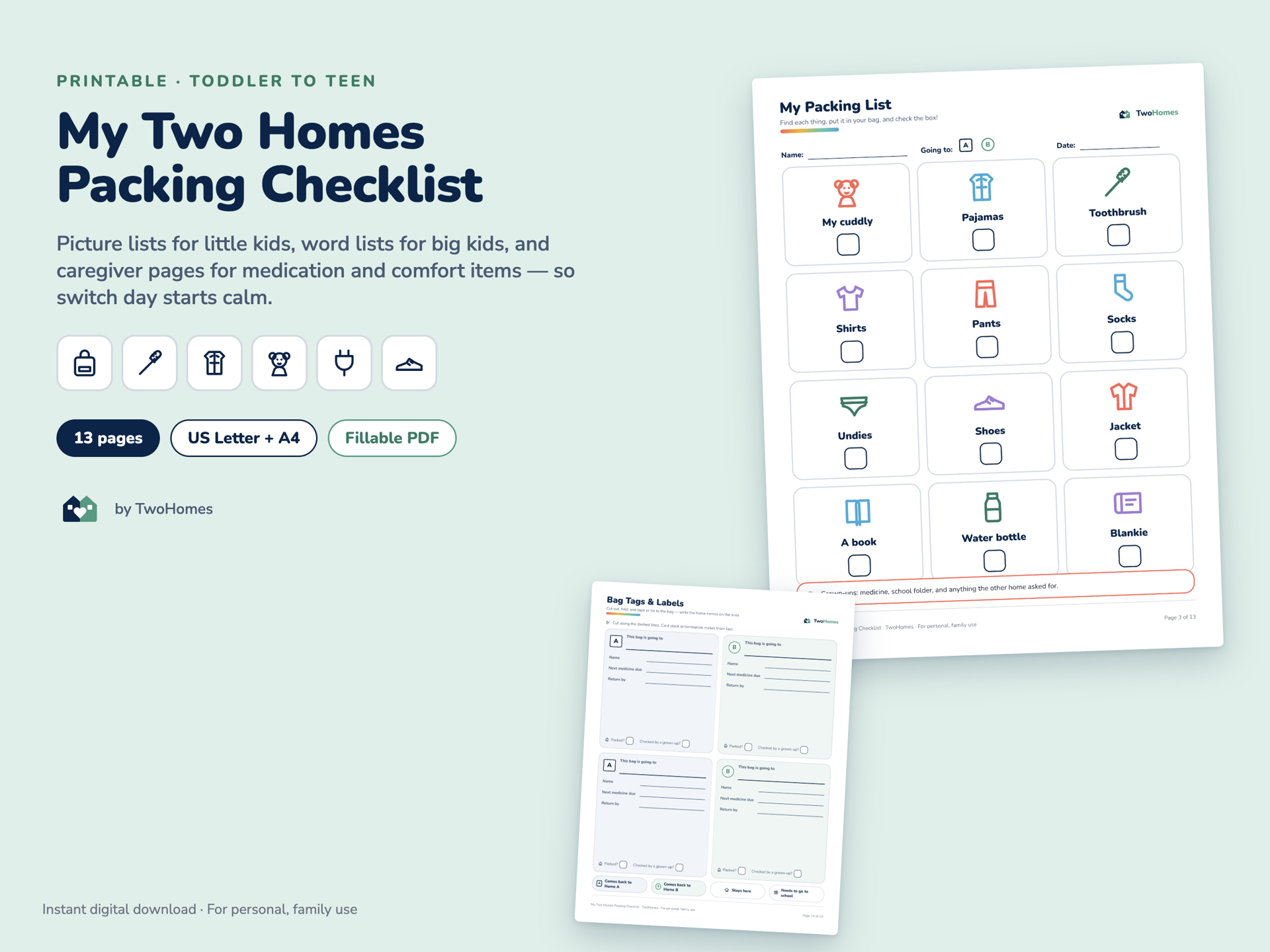 My Two Homes Packing Checklist with the preschool picture list
