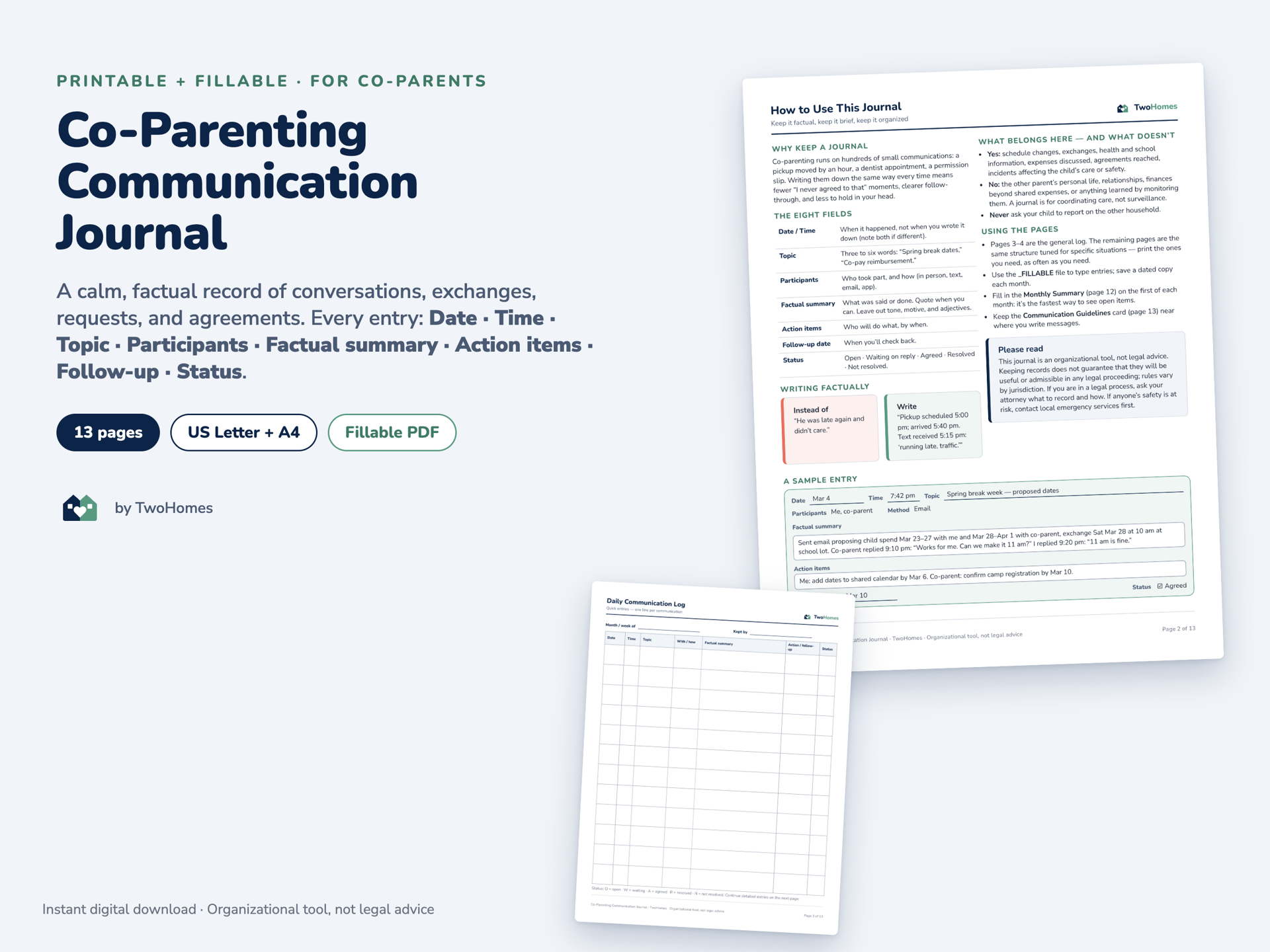 Co-Parenting Communication Journal cover and log pages